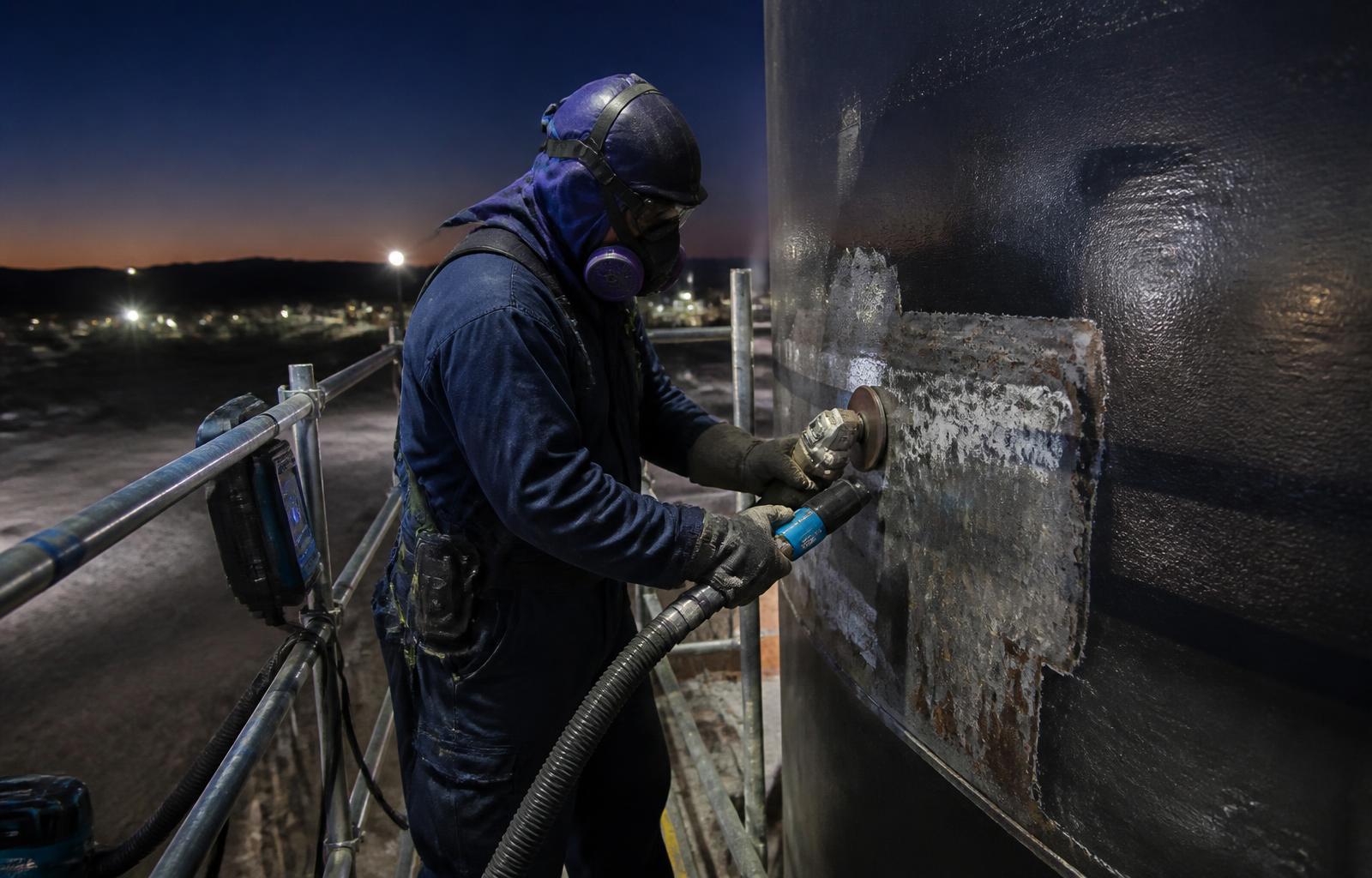 Técnico con EPP ejecutando remoción manual controlada de corrosión y pintura con herramienta neumática y aspiración industrial